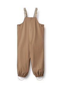 Combinaison imperméable marron pour enfants avec bretelles beiges réglables et poignets élastiques avec boucles pour les pieds.
