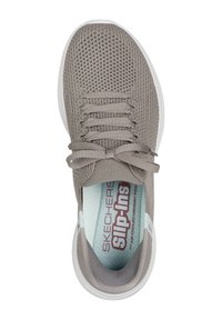 Skechers Slip-Ins, parte superiore in maglia grigia con chiusura a lacci, suola intermedia bianca, soletta imbottita con accenti azzurri, motivo superficiale testurizzato.