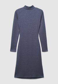 Langärmeliges Kleid mit Stehkragen in Dunkelblau. Hergestellt aus weichem Strickstoff mit figurbetonter Passform und leicht ausgestelltem Saum. Glatte Textur, ohne Muster.