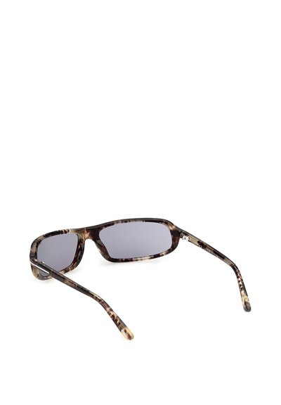 Rectangular sunglasses with dark lenses and a tortoiseshell patterned frame resting open on a white surface.