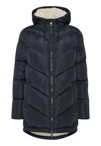 Marineblauer Puffermantel mit Kapuze, mit Chevron-Steppung, Reißverschluss vorne und Fleece-Futter für zusätzlichen Wärme. Zwei seitliche Taschen sind enthalten.