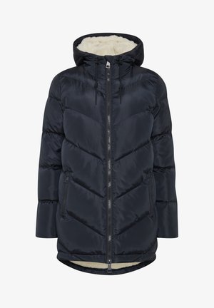 Tamsiai mėlynas pūkinis paltas su gobtuvu, su zigzaginėmis siūlėmis, užtrauktuku priekyje ir fliso pamušalu papildomam šilumui. Įtrauktos dvi šoninės kišenės.