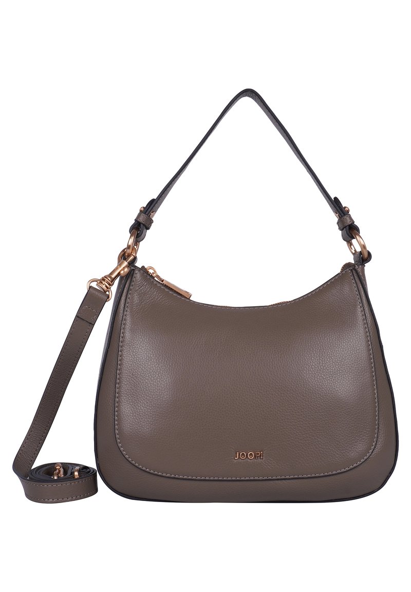 Sac à épaule en cuir brun avec une forme courbée, accents dorés et une bandoulière amovible pour des options de transport polyvalentes.