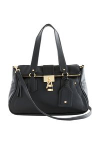 Sac à main en cuir noir avec double poignée, bandoulière réglable, fermeture éclair frontale, serrure dorée avec clé et étiquette en cuir attachée.