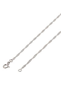 Silberne Kettenhalskette mit gedrehter Design, Karabinerverschluss und glatter Textur. Länge und Breite verleihen ein zartes Erscheinungsbild.