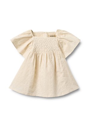 Kremfarget babykjole med puffede korte ermer, smokkert brystparti og subtil blomsterbroderi over hele stoffet.