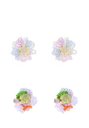 Two pairs of beaded floral cluster earrings in pastel colors with translucent petals and small round beads, displayed on white background.