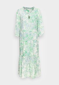 Šaty s květinovým vzorem v bílé barvě, s zelenými a světle modrými skvrnami, kulatým výstřihem se zářiovým otvorem a tříčtvrtečními rukávy s řasením.