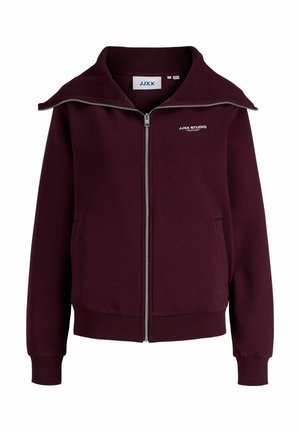 Bordeauxrød sweatshirt med lynlås og bred ribstrikket krave, med en logo på brystet, sidelommer og ribstrikkede manchetter og kant.