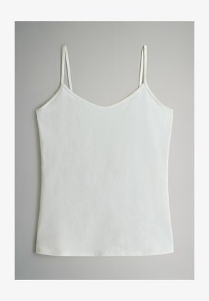 Weißes Camisole-Top mit schmalen verstellbaren Trägern, einem V-Ausschnitt und einer glatten, leichten Textur. Einfaches, minimalistisches Design.