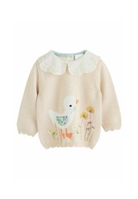 Baby pink striktrøje med bølget hvid blondekrave, broderet and med blomsterdetaljer og orange fødder og næb foran.