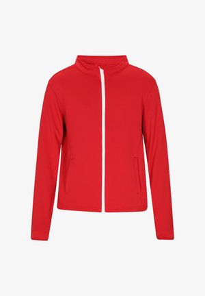 Rød strækjakke med forhøjet krave, frontlynlås og to sidelommer. Glat tekstur, tætsiddende design og flade sømme.