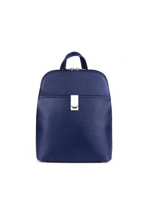 Navy blue backpack made of textured synthetic material. Features a top handle, zip closure, and a metallic logo accent on the front.