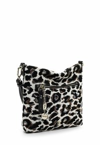 Leopard-print shoulder bag with black leather accents, zippered front pocket, and an adjustable strap. Made from textured fabric material.