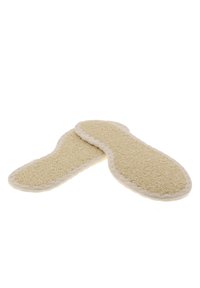 Beige fabric insoles featuring a textured surface and a soft, cushioned border. Designed for comfort and foot support.