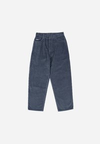 Pantaloni in velluto a coste blu scuro con vestibilità comoda, dotati di due tasche anteriori e una tasca posteriore. Il tessuto presenta una texture a coste visibile.