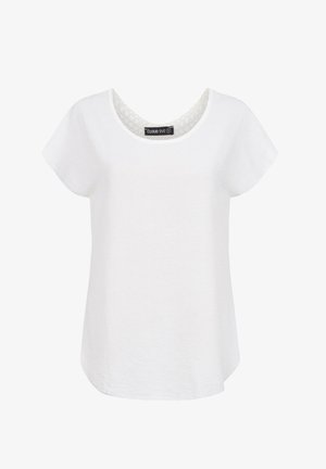 Weißes Kurzarm-T-Shirt aus weichem Stoff, mit einem Rundhalsausschnitt und einem gemusterten Innenkragen sowie einem lockeren Schnitt.