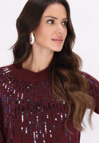 Bordeauxfarbener Pullover mit rundem Ausschnitt, der vertikale Reihen aus schwarzen und mehrfarbigen Pailletten zeigt; das Model hat lange, wellige Haare und große Ohrringe.