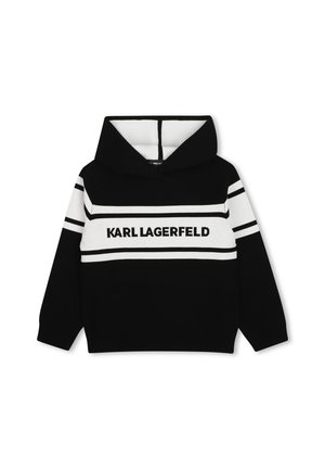Sweat à capuche noir et blanc avec le texte "KARL LAGERFELD" sur la poitrine et des rayures blanches horizontales sur les manches et la poitrine.