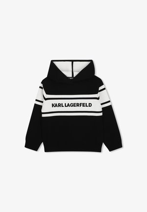 Sort-hvid hættetrøje med teksten "KARL LAGERFELD" på brystet og hvide vandrette striber på ærmer og bryst.