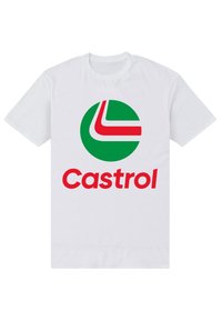 Hvid bomulds t-shirt med et cirkulært grønt logo og et rødt og hvidt design, som tydeligt viser ordet "Castrol" i fede røde bogstaver.