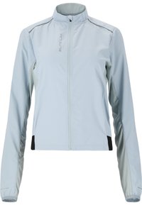 Hellblaue, wasserdichte Jacke mit Reißverschluss vorne, Netz-Seiteneinsätzen und reflektierenden Akzenten. Verfügt über einen Stehkragen und lange Ärmel.