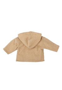 Sudadera de bebé de punto beige con mangas largas, mostrada desde atrás sobre un fondo blanco.