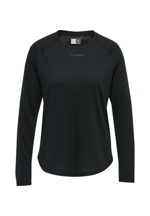 Czarna sportowa koszulka z długim rękawem i okrągłym dekoltem, z małym jasnoszarym logo "hummel" umieszczonym na środku pod dekoltem.