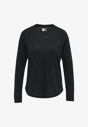 Czarna sportowa koszulka z długim rękawem i okrągłym dekoltem, z małym jasnoszarym logo "hummel" umieszczonym na środku pod dekoltem.