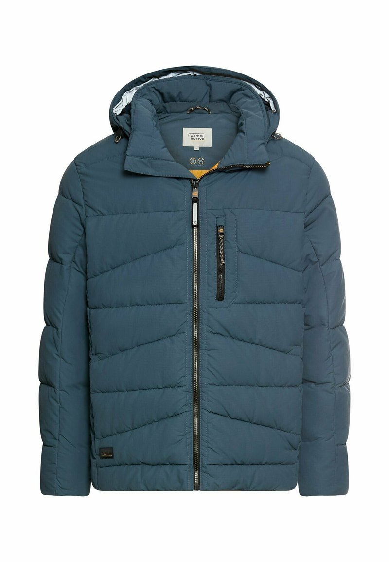 Gepolsterte blaue Daunenjacke mit durchgehendem Reißverschluss, verstellbarer Kapuze und einer mit Reißverschluss versehenen Brusttasche. Besteht aus strukturiertem Stoff und isolierender Polsterung.