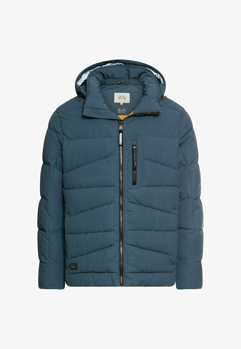 Gepolsterte blaue Daunenjacke mit durchgehendem Reißverschluss, verstellbarer Kapuze und einer mit Reißverschluss versehenen Brusttasche. Besteht aus strukturiertem Stoff und isolierender Polsterung.