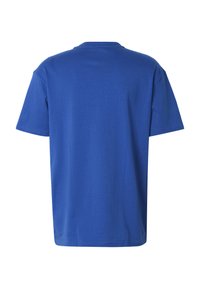 T-shirt uni bleu à manches courtes et col rond, vu de dos sur fond blanc.