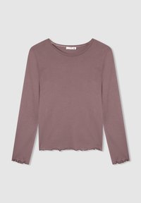 Długi rękaw top w stonowanym mauve, wykonany z miękkiego materiału. Posiada okrągły dekolt oraz falbaniaste wykończenie na dole i przy mankietach dla dodatkowego efektu.