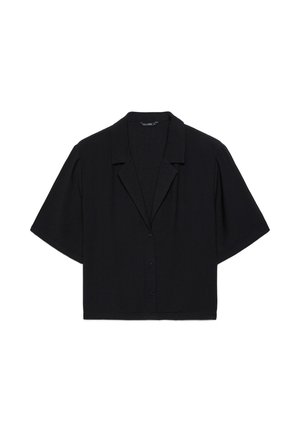 Chemise noire à manches courtes, fermeture par boutons, coupe décontractée et col large, présentée à plat sur fond blanc.