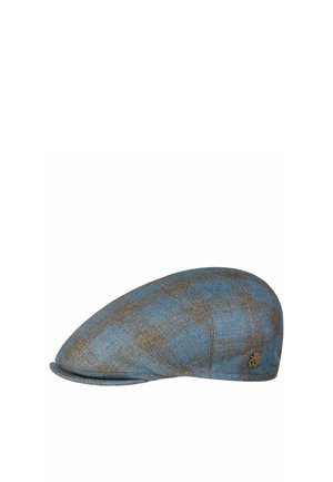 Flache Mütze mit blau-braun kariertem Muster, mit kleinem metallischem Markenlogo an der Seite.