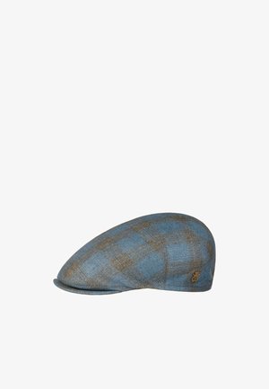 Flat cap with blue and brown plaid pattern, featuring a small metallic brand logo on the side.