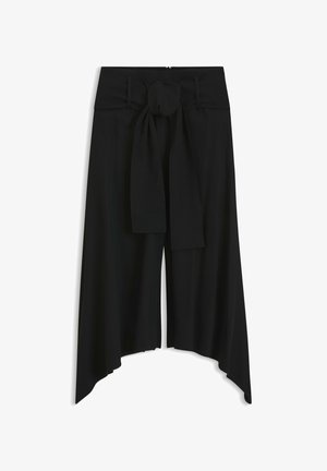 Pantalon portefeuille noir avec un détail de nœud à la taille, structure ajustée et jambes larges et fluides en tissu léger.