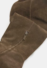 Stivale over-the-knee in suede marrone con chiusura laterale a zip e dettagli cuciti lungo il gambale per una maggiore texture.
