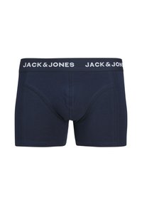 Navy blue boxer briefs with a white elastic waistband featuring "JACK & JONES" logo. Smooth fabric with a snug fit and simple design.