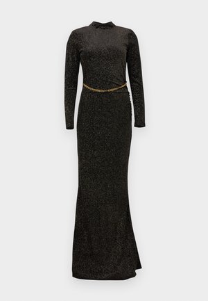 Robe de soirée longue à manches longues noire avec des paillettes, silhouette ajustée et une ceinture chaîne dorée accentuant la taille. Tissu lisse et extensible.