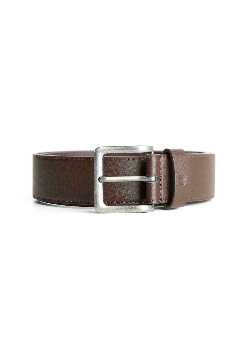 Brown leather belt with a wide, smooth finish and a metallic rectangular buckle. Features detailed stitching along the edges.