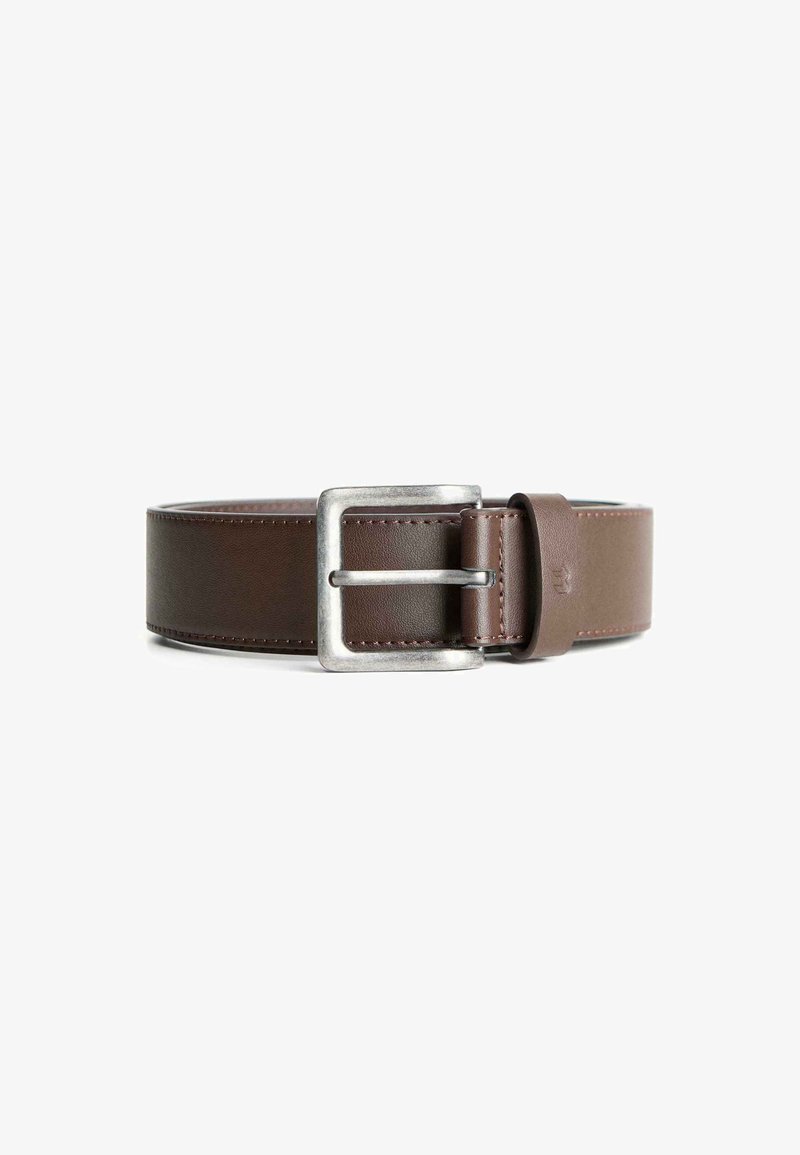Brown leather belt with a wide, smooth finish and a metallic rectangular buckle. Features detailed stitching along the edges.