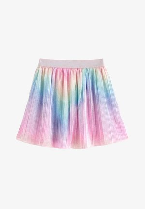 Pliseerattu hame, jossa on joustava vyötärönauha ja pastellivärien liukuväri, mukaan lukien vaaleanpunainen, sininen ja laventeli, hienovaraisella kiillolla.