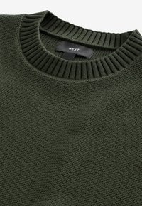 Pull en tricot vert foncé avec encolure ronde côtelée et étiquette noire de la marque Next au niveau du col.