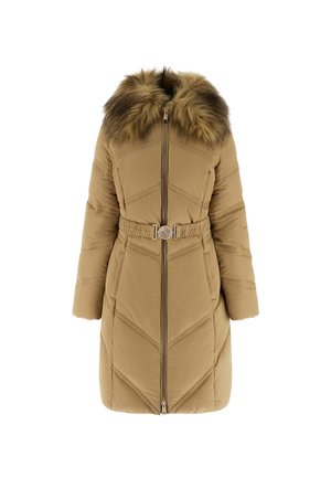 Teddy-Jacke in Tan mit einem Kunstfellkragen. Mit einem Reißverschluss vorne, tailliertem Gürtel und einem Zickzacksteppmuster auf dem Stoff. Lange Ärmel.