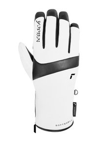 Weiße Softshell-Handschuhe mit schwarzen Akzenten, die eine glatte Außenseite und eine strukturierte Handinnenseite aufweisen. Mit Markenlogo und einem Handgelenkriemen zur Befestigung.