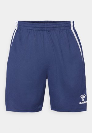 Marine sports shorts lavet af tekstureret stof, med en elastisk talje, hvide sidelister og et logo i nederste højre hjørne.