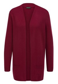 Gilet tricoté bourgogne avec un devant ouvert, des manches longues et deux poches avant. Texture lisse avec des accents côtelés aux poignets.