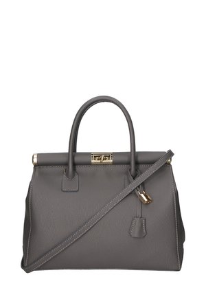 Borsa in pelle grigia con doppio manico superiore, tracolla rimovibile, hardware dorato e design strutturato. Presenta dettagli con cuciture.