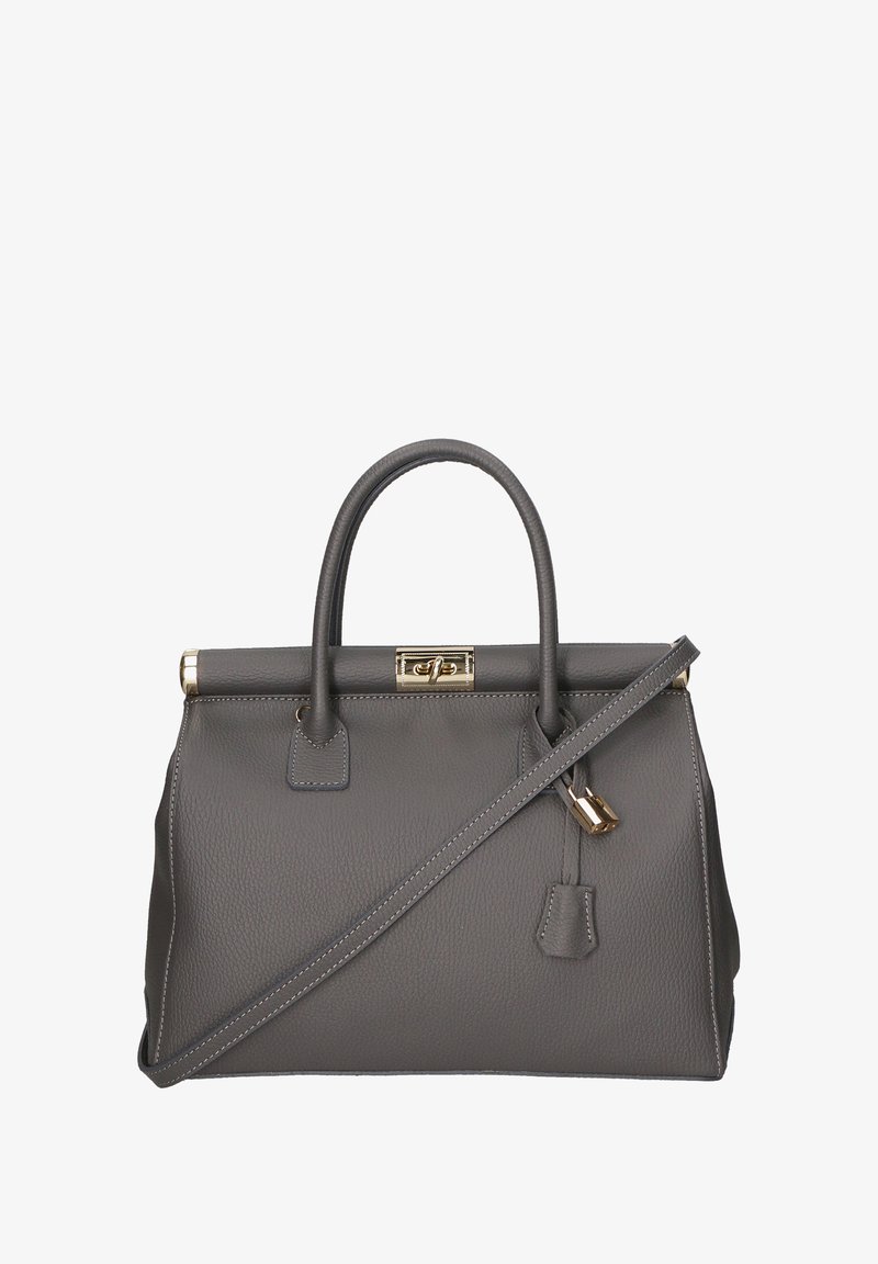 Grijze leren handtas met dubbele bovenhandvatten, afneembare schouderriem, gouden hardware en een gestructureerd ontwerp. Beschikt over stikselaccenten.